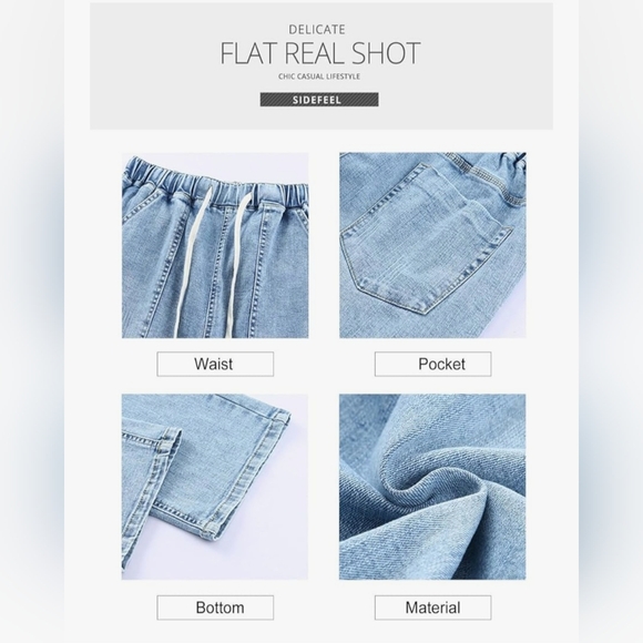 Womens Cargo Jeans Ripped Denim Joggers Elastic Drawstring Waist Pull On Skyblue - Picture 6 of 7